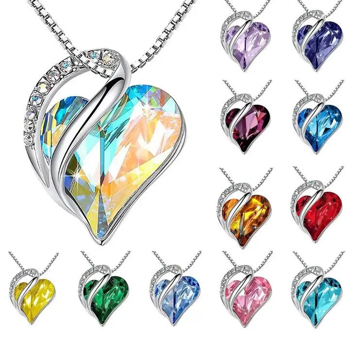 Birthday Stone Necklace Crystal Pendant Ocean Heart Love Birthstone Necklaces 12 colors