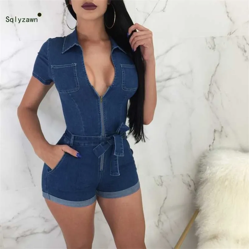 Sommar Sexig Demin Hög midja Korta Jeans Jumpsuit Dam Kortärmad Sexig Overall Rompers Bodycon Playsuit Bälte Byxor 210709