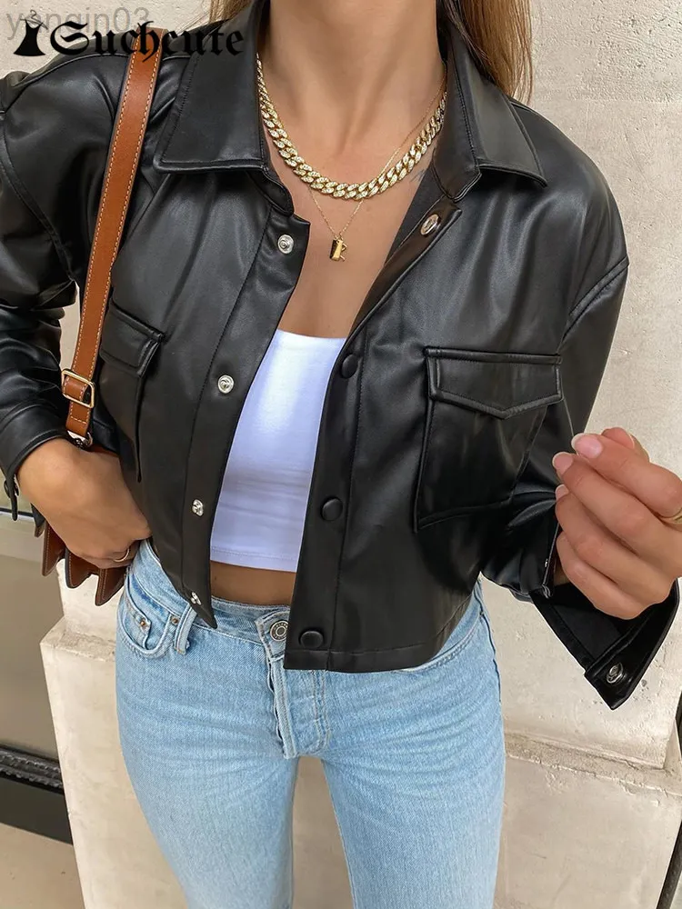 SUCHCUTE Women Gothic Long Sleeve Leather Jacket 2022 Streetwear Hip Hop Dark Crop Jackets Vintage 90s Outfits Punk Style L220801