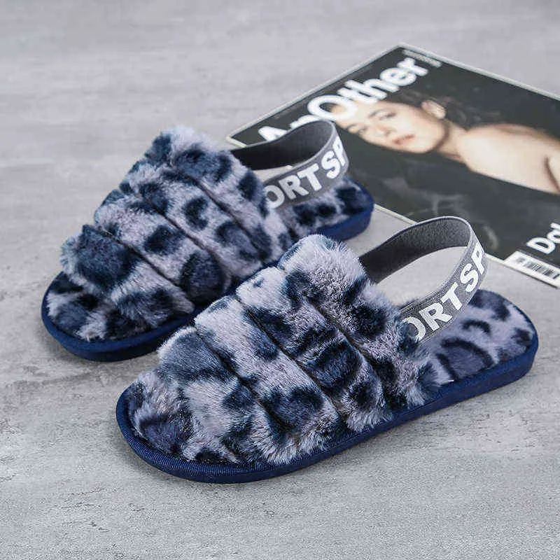 Women Slippers Wool Fashion Leopard Plush Slipper 's Open Toe Women's Anti Slip Warm 0718