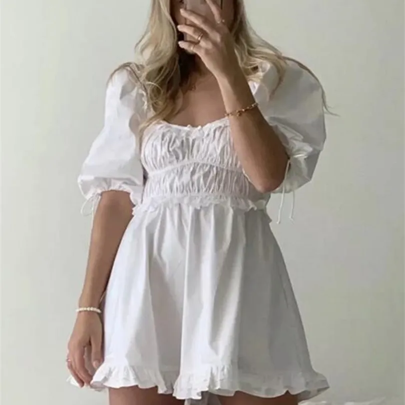 Retro Hollow Out Embroidery Wood ears Square Collar Short Dress White Puff Sleeve Women Elastic Ruched Holiday Dresses 220511
