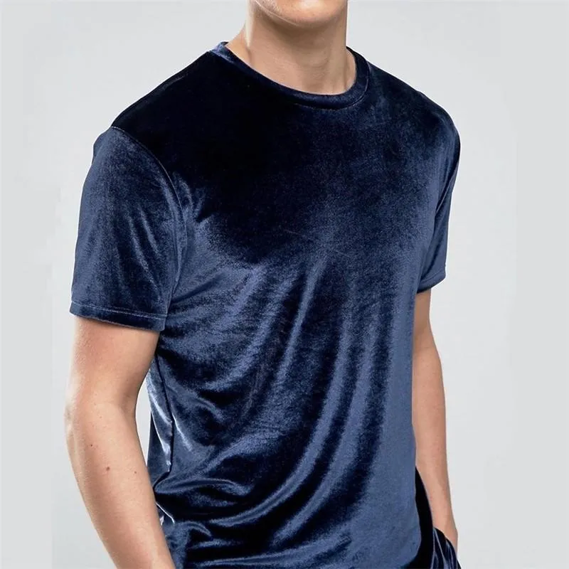 Męskie koszulki moda velor t shirt męskie letnie krótkie rękaw o nokół aksamitne tkanin