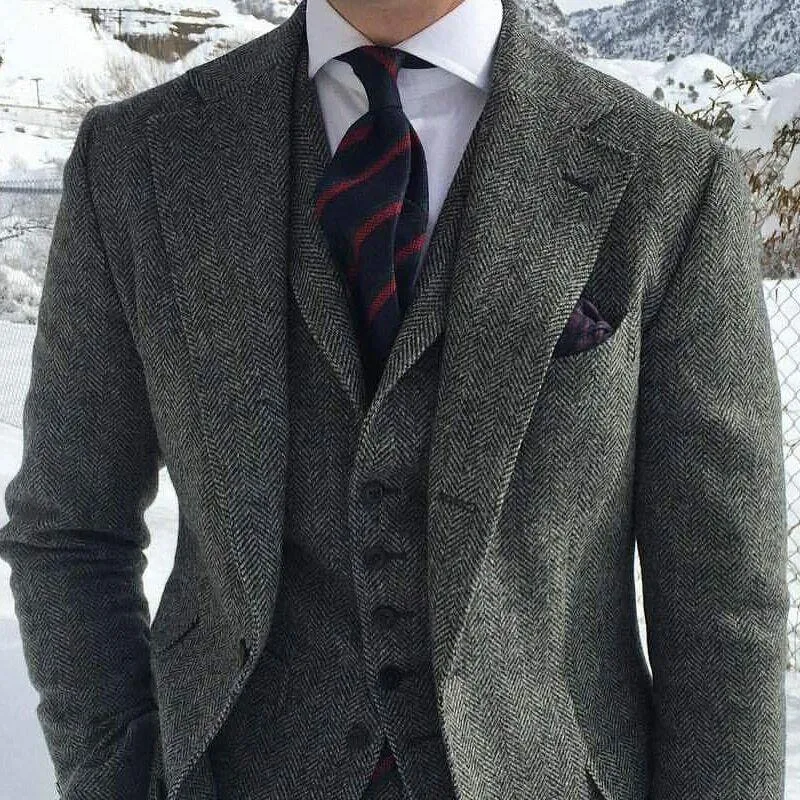 Abiti da uomo Blazer Tweed a spina di pesce Risvolto da uomo Smoking da sposa Tre pezzi Abiti da sposo Blazer da ballo con giacca Gilet e pantaloniUomo