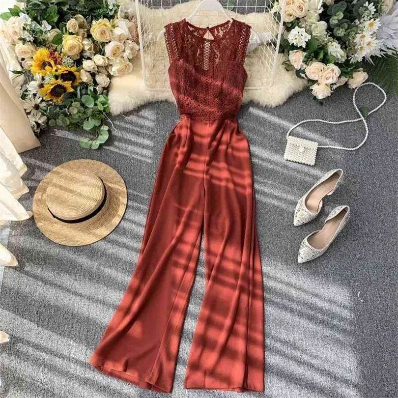 FTLZZ NIEUW STRAND Volledige lengte Sexy Lace Hollow Out O-Neck Tank Jumpsuit Zomer Women Slim Wide Legged Playsuit Holiday Romper 210326