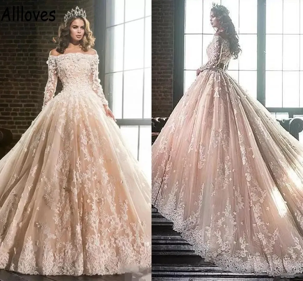 Şampanya prenses balo elbisesi uzun kollu bataeau boynu çiçek dantel aplikeler boncuklu gelin elbise şapel tren duabai arapça vestidos cl0788