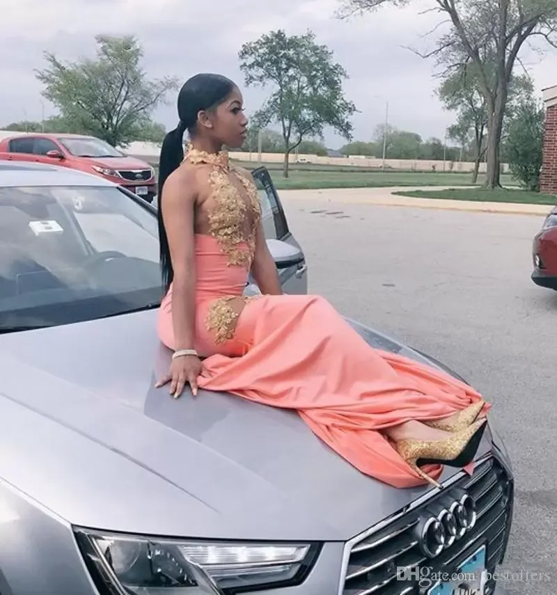 Coral Halter Prom Dresses with Sweep Train Gold Applique Lace Beaded Backless Evening Formal Wear Plus Size from Dhgate Prom Dresses - price 347.16 Coral Halter Prom Dresses with Sweep Train Gold Applique Lace Beaded Backless Evening Formal Wear Plus Size from Dhgate Prom Dresses - price 347.16