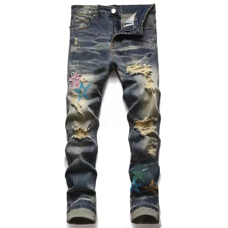 2022 Europeiska och amerikanska herrdesigner rippade jeans Hip-Hop High Street Fashion Stitching Cycling Motorcykelbroderier Stängmontering Slim Pencil Pants