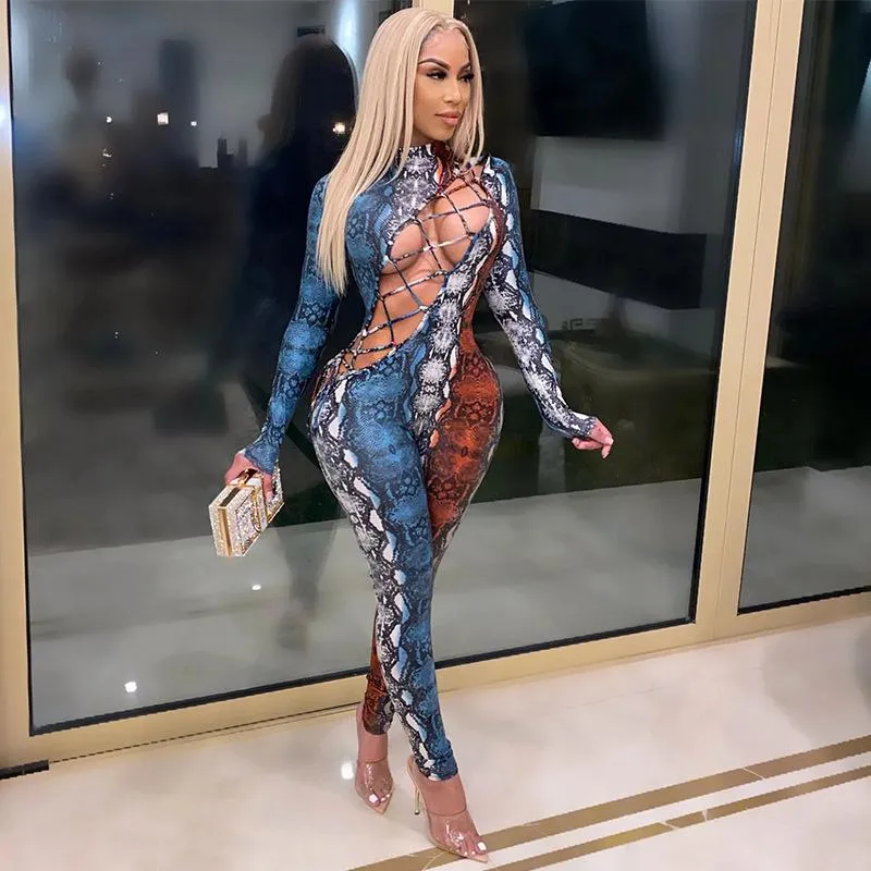 Women's Jumpsuits & Rompers 1 Piece Jumpsuit Long Sleeve Women Snakeskin Printed Sexy Bandage Hollow Out Nightclub Clothing 2022