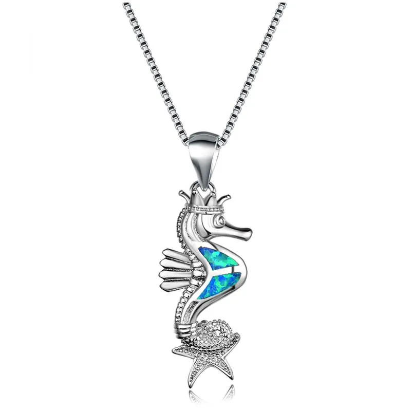 Pendant Necklaces Bamos Seahorse Star Pendants Silver Color White/Blue/Purple Fire Opal Long Necklace Chain For WomenPendant