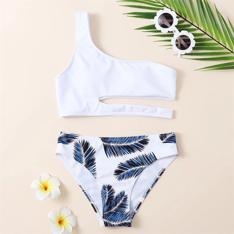 Tropical Leaf Print Girl Swimsuit Kids One Shoulder Bikini Set Cut Out Two Piece Children's Swimwear 7-14Years Bathing Suit 220426