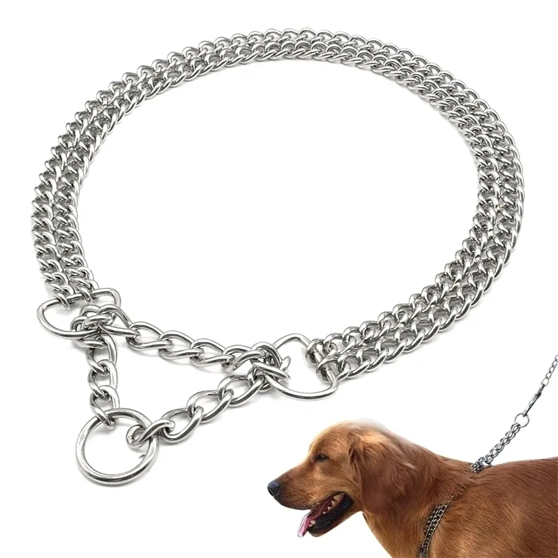 Dog Training Chain Pet Choke Collar Double Row Metal Stainless Steel Slip P for Large Dogs Y200515