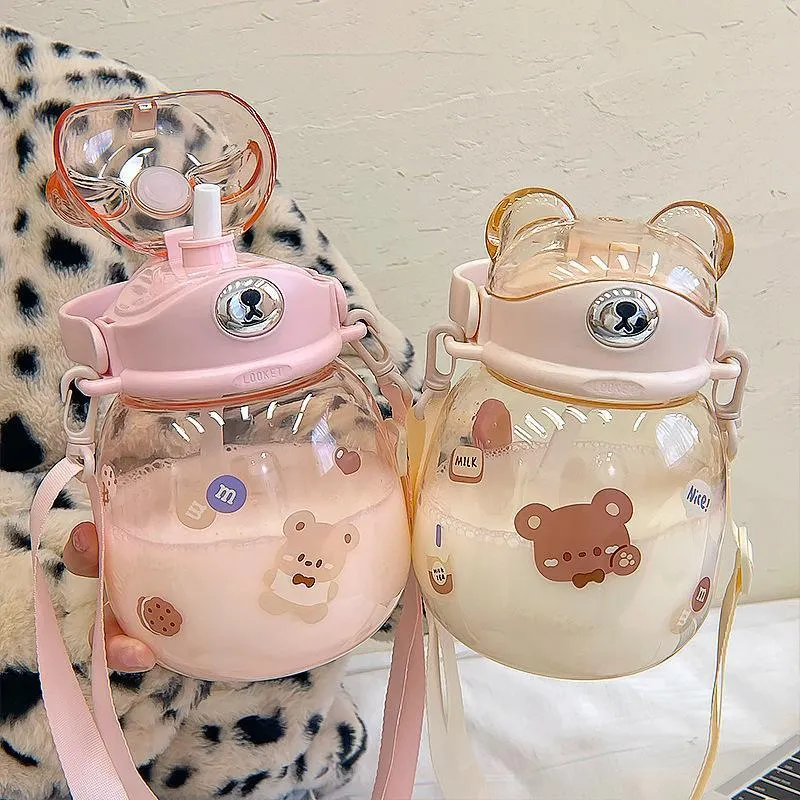 Cartoon bear plastic Water Bottles with straps for children`s portable outdoor straw belly cup students oblique cross drinking water bottle