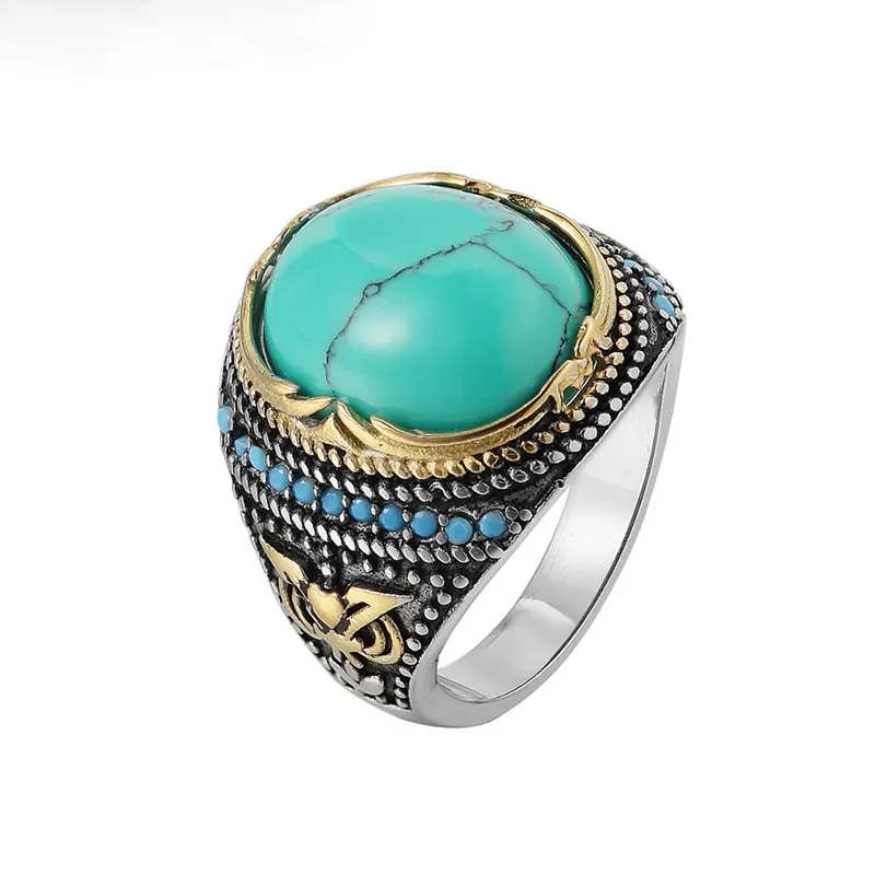 Gem Turquoise Ring Men's Titanium Steel Retro punk Finger Ring Jewelry