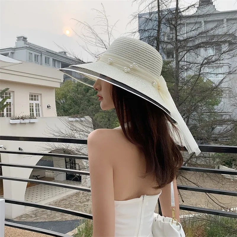 Składane szerokie grzbiet Foppy Girls Straw Pearl Sun Beach Women Summer Hat UV Protect Lady Cap Casquette Femme 220617