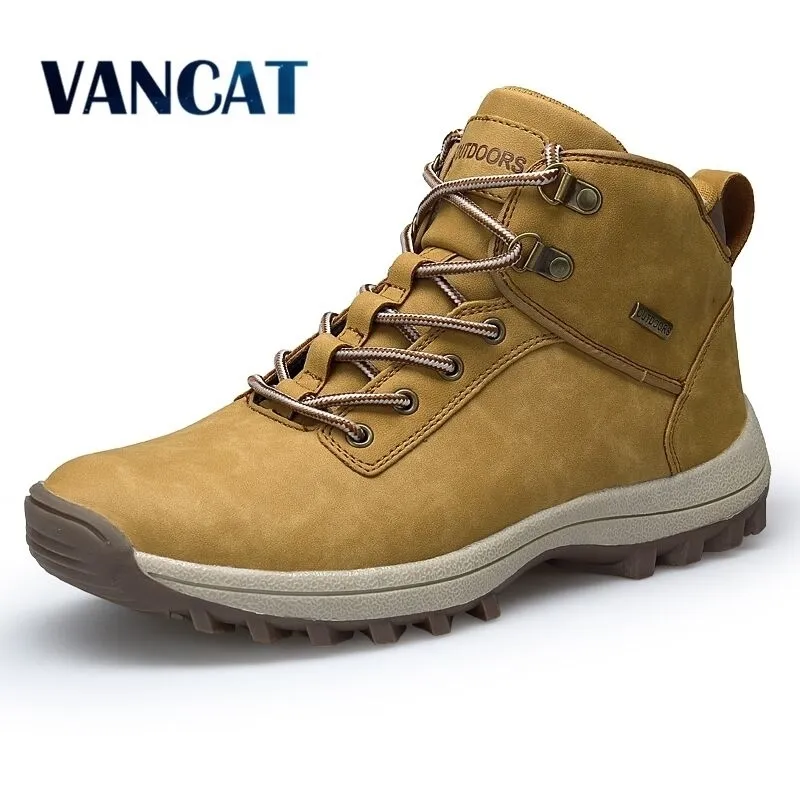 Vancat märke män stövlar stor storlek 3946 Autumn Winter Mens Leather Fashion Sneakers Lace Up Outdoor Mountain Men Shoes Waterproof 210315