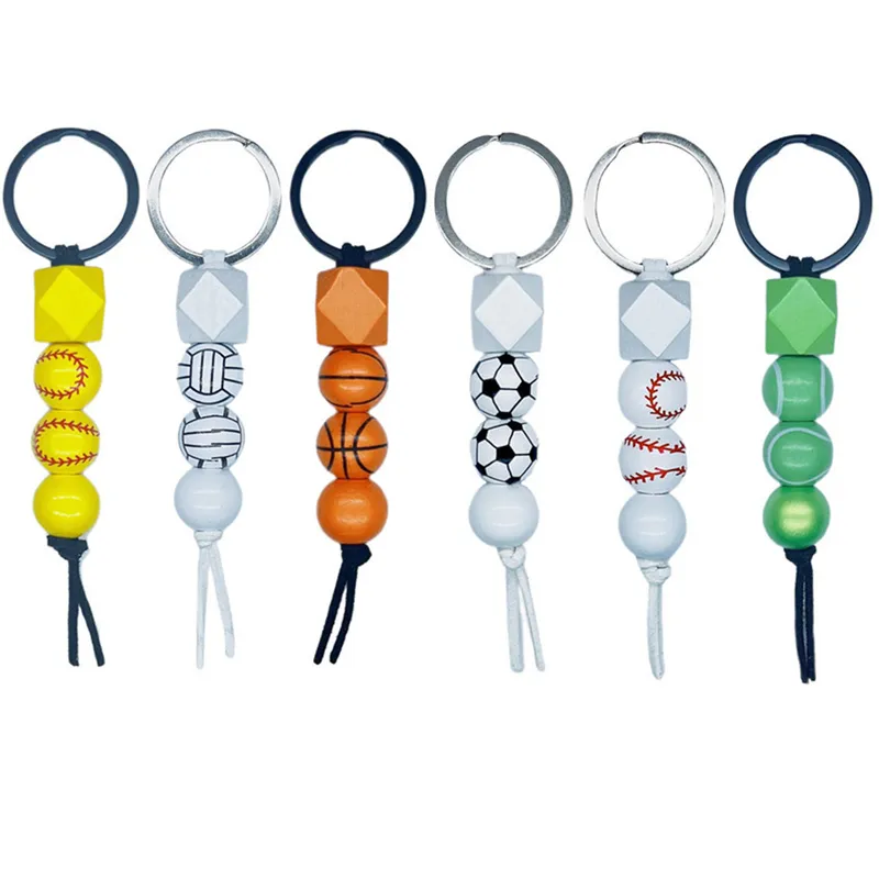 Monogram sleutelhangers ringen voetbal basketbal tennis honkbal volleybal sleutelhangers houten kralen hanger sleutelhanger houten bedels sieraden schijf vrouwen tas accessoires