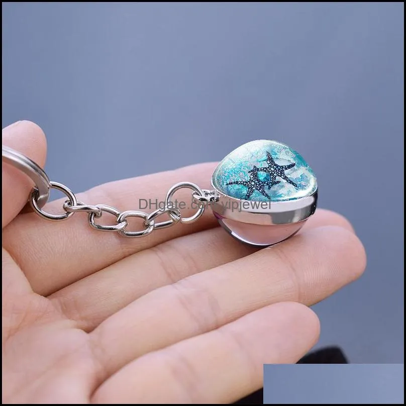 Custom Key Rings Sea Animals Keychain Turtle Starfish Shark Jellyfish  Pattern Double Side Glass Ball Pendant Keyring