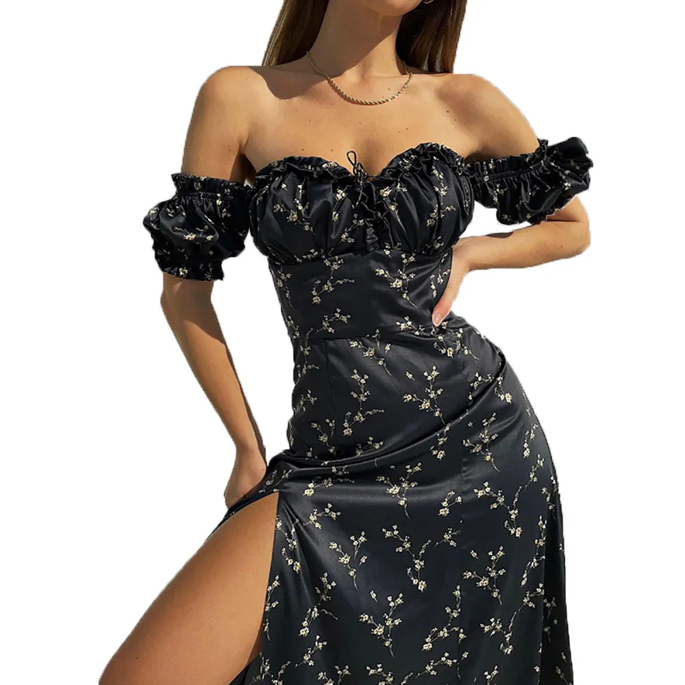 2022 Лето Новое Женское Платье Темперамент Коммута с высокой талией грибки края тонкая нерегулярная цветочная платья