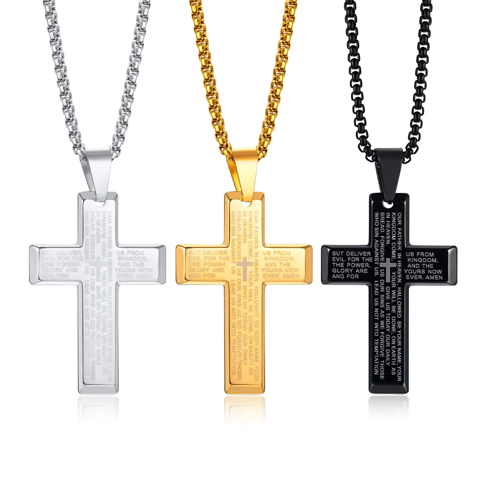 Black / Silver / Gold Stainless Steel Cross Pendant Necklaces Men's Lord Prayer Laser Scripture Necklace Rolo Chain 3mm 24''