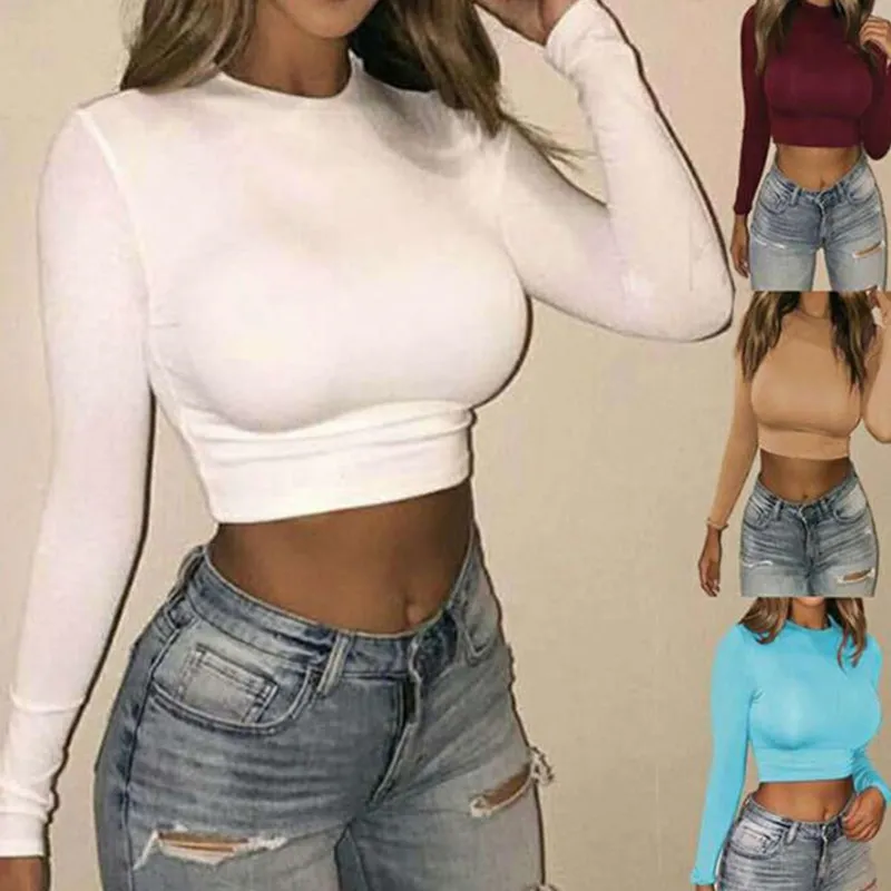 Women Sexy Bodycon T Shirt Autunmn Long Sleeve O neck Crop op Modis Sheath Fashion Autumn Solid ops 220714