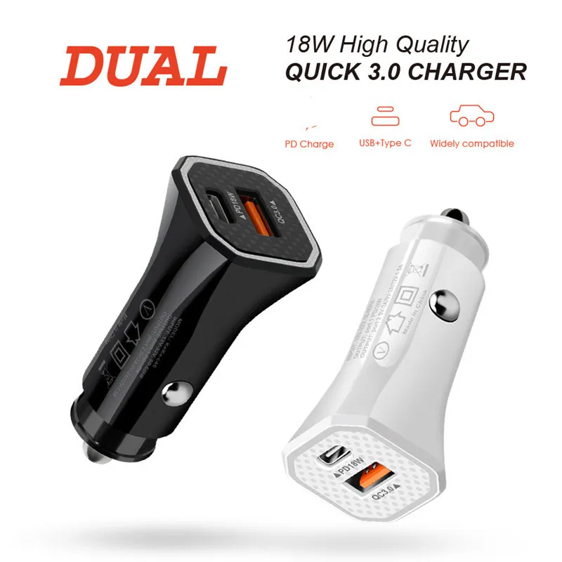 Mini Car Charger USB QC 3.0 port and PD18W ports with Type-C Safety Emergency Hammer Fast charging QC3.0 Adapter