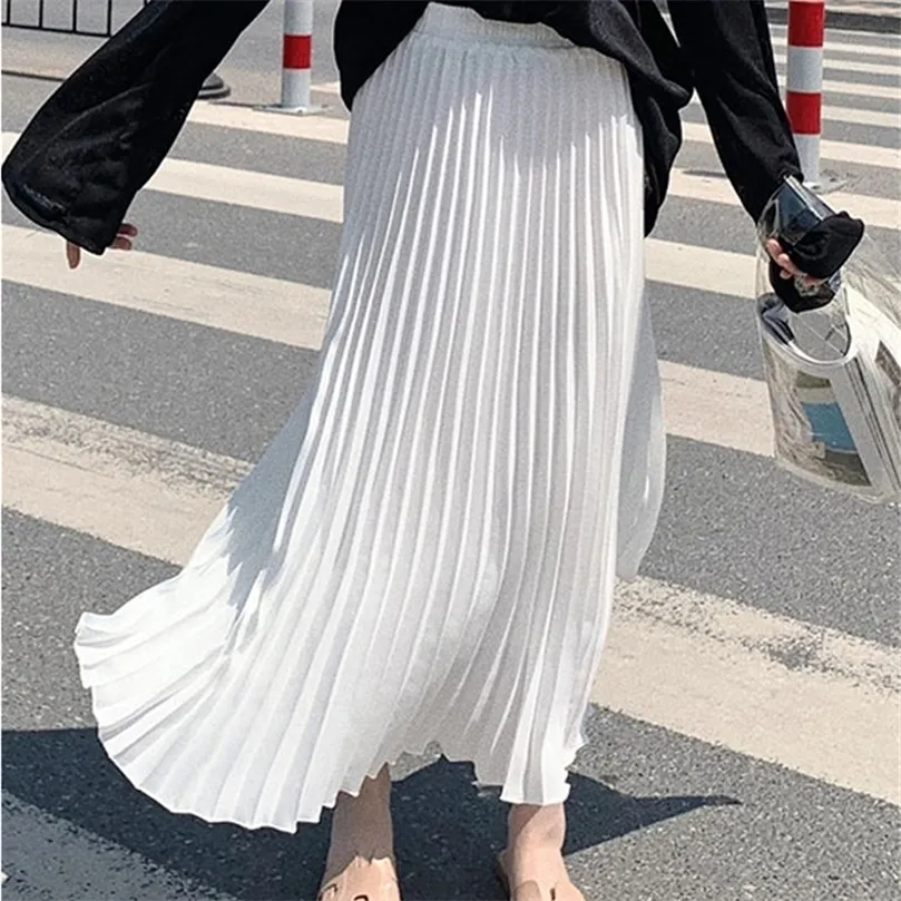 Womens Fashion Pleated Midi Long Skirt Female Korean Japanese Casual High Waist Skirts Jupe Faldas 10 Colors Spring SK295 220701