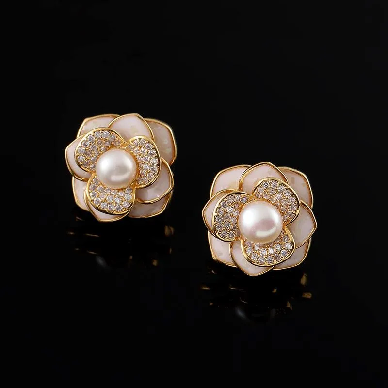 Stud Trendy Vintage Freshwater Pearl Earrings Light Luxury Small Fragrance Camellia Feminine Elegant Ear JewelryStud