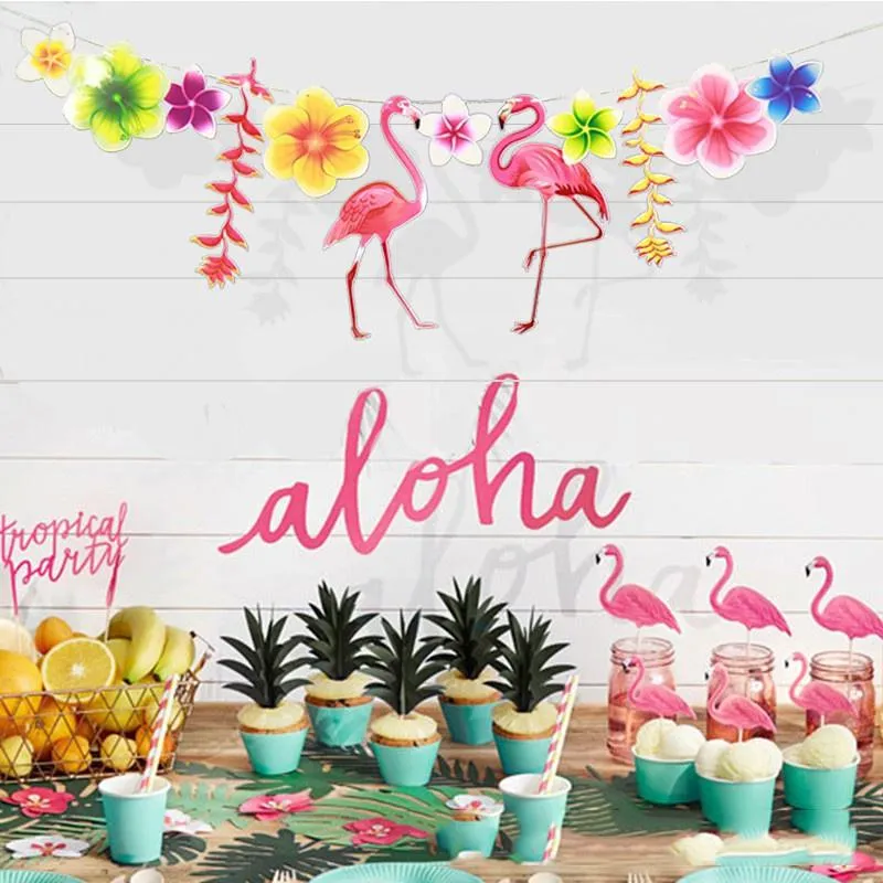 Party Decoration Hawaiian Tropical Flamingo Leaves Banner Garland For Girl Birthday Decorations Paper Flower BuntingParty