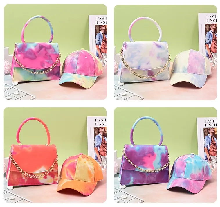 Hot Selling Large Shining Tie Die Hats and Purses Handbags Sets New York Baseball Bucket Hat and Purse Set for Women