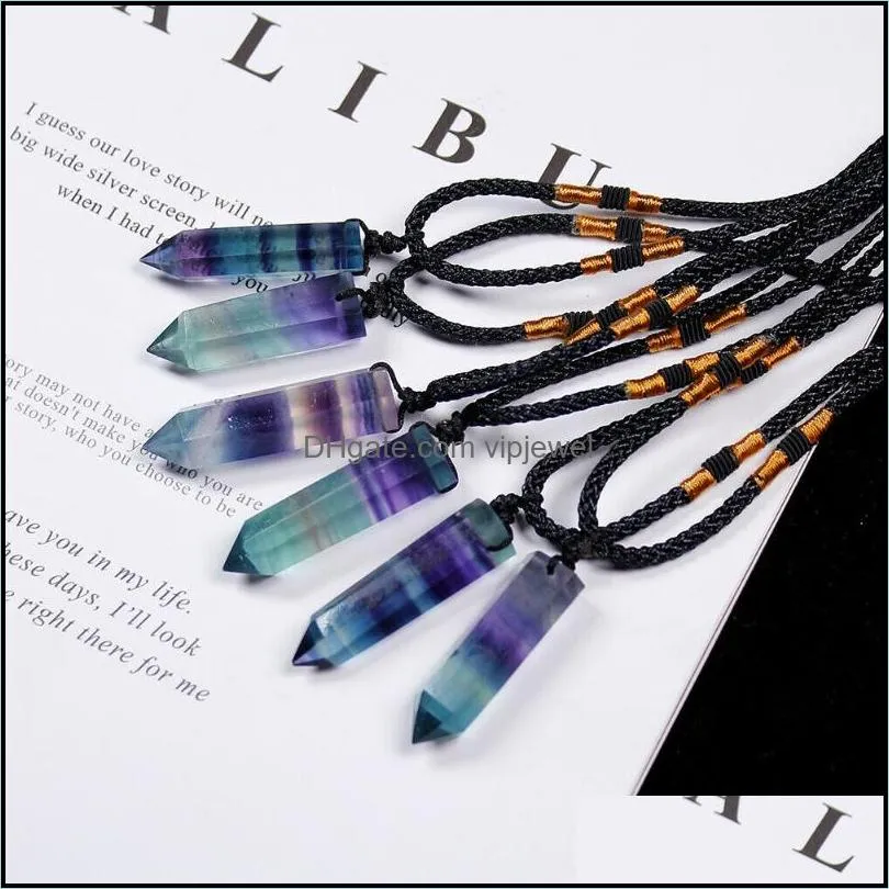 Charms Bijoux Résultats Composants Naturel Arc-En-Fluorite Hexagonal Prisme Pendentif Cristal De Quartz Point De Guérison Chakra Reiki Collierchar