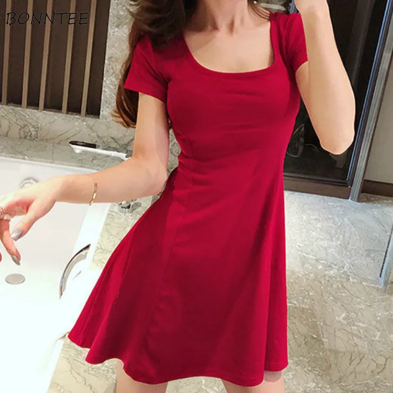 Kleid Frauen Solide Rüschen Sexy Dame Dünne Stretchy Mini Kleider Weibliche Kleidung A-linie Schlank Ulzzang Strand Trendy Nette Mädchen