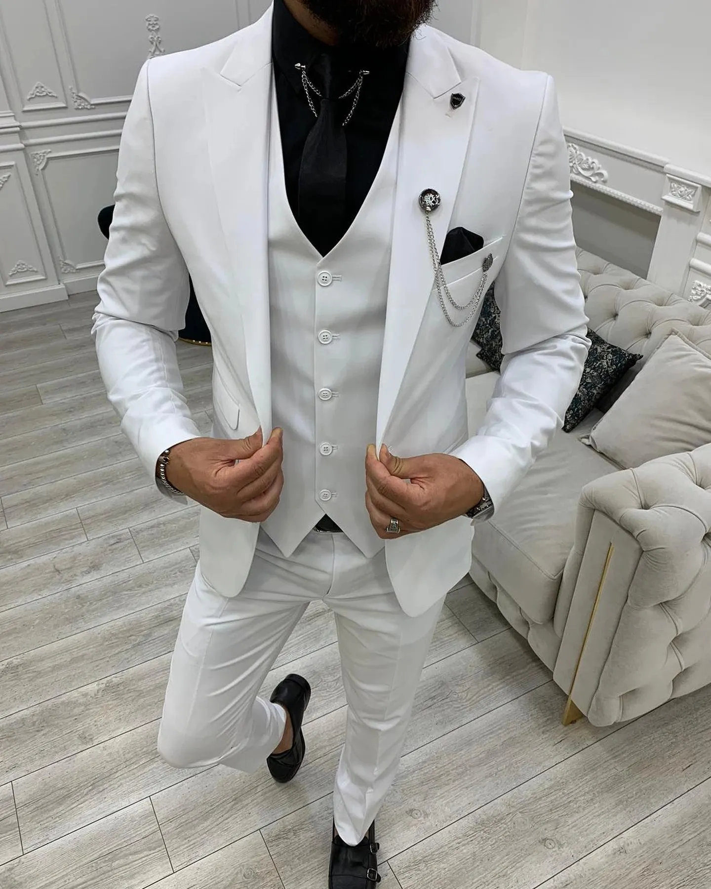 Nowe męskie garnitur biały garnitur męski ślub pana młodego Slim Fit Standardowy rozmiar Blazer Set Tuxedo (Kurtka + Pant + kamizelka)