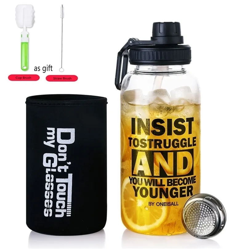 1000ml 700ml 600ml Glass Water Bottle Sports Outdoor Big Capacity Straw Stainless Steel Tea Filter Sleeve 220307