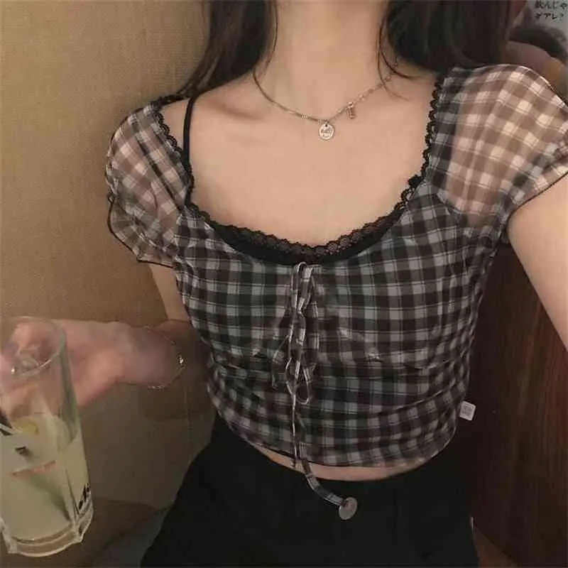 Sommer Plaid Bluse Frauen Retro Quadrat Kragen Hemd Casual Spitze Chiffon Puff Sleeve Crop Tops Weibliche Korea Kleidung 210401