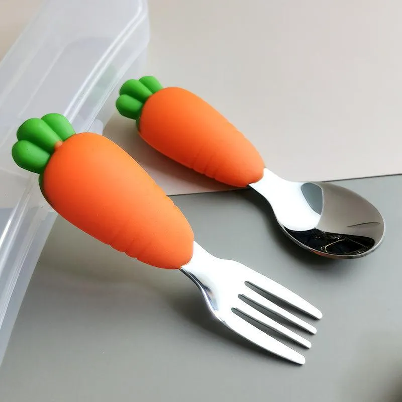 Dinnerware Sets Stainless Steel Carrot Style Rice Spoon Fork Bay Kids Small Tableware Kitchenware SetDinnerware