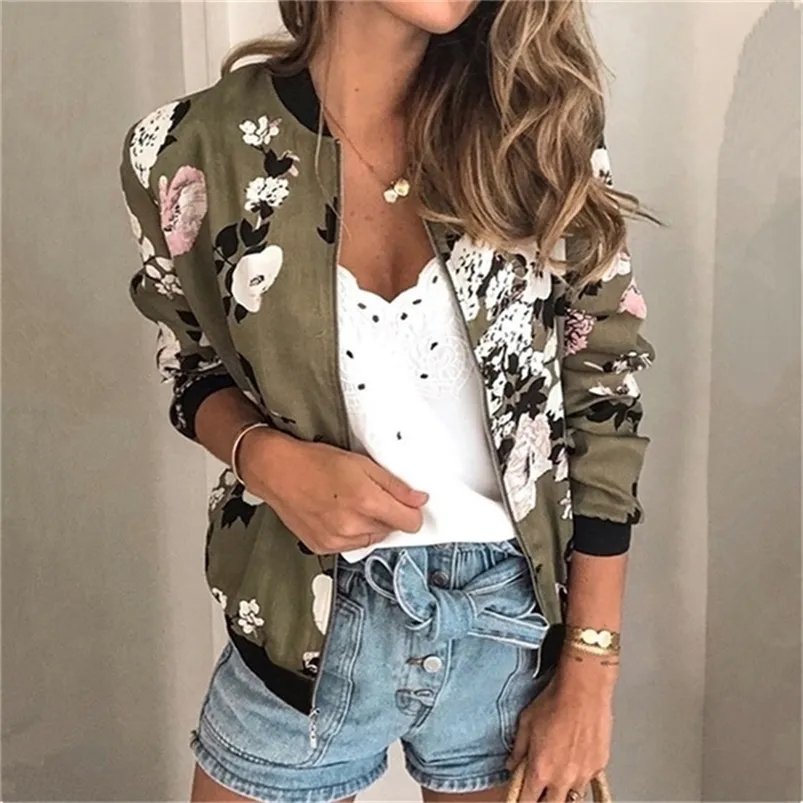 Femmes vestes imprimées florales printemps automne fermeture éclair manches longues Bomber vêtements d'extérieur poche décontractée mince Streetwear femme grande taille manteau 220813