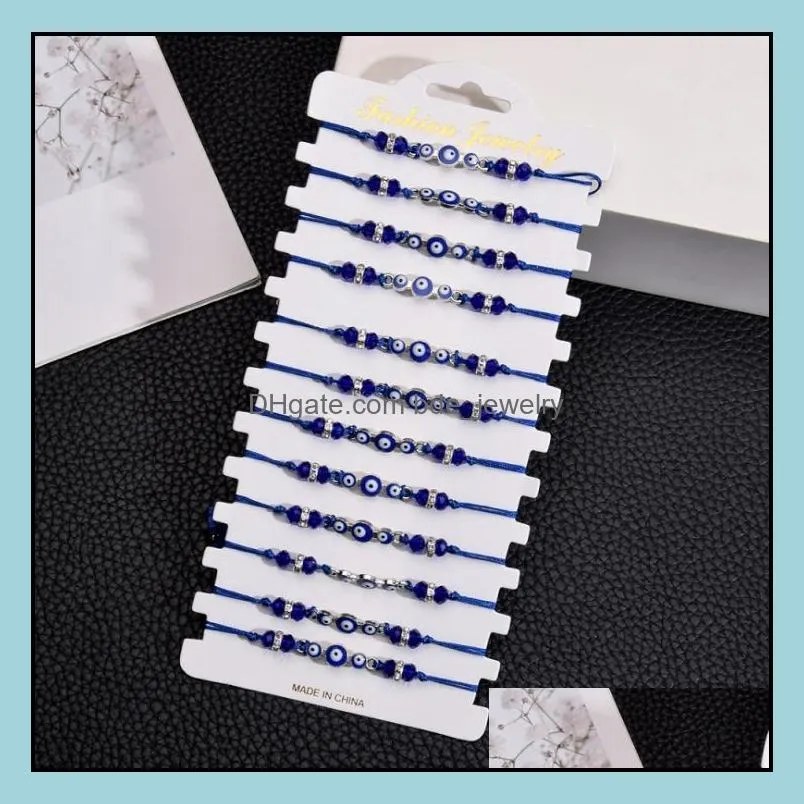 12pcs/set Turkey Blue Evil Eye Bracelet Women Handmade Rope Chain Crystal Beads Bracelets Girl Birthday Party Jewelry Gift