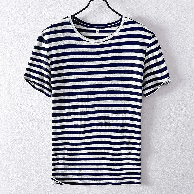Men's T-Shirts 2022 Summer Mens Short Sleeve Round-neck Linen Cozy Casual Striped O-neck Fashion Slim Tops