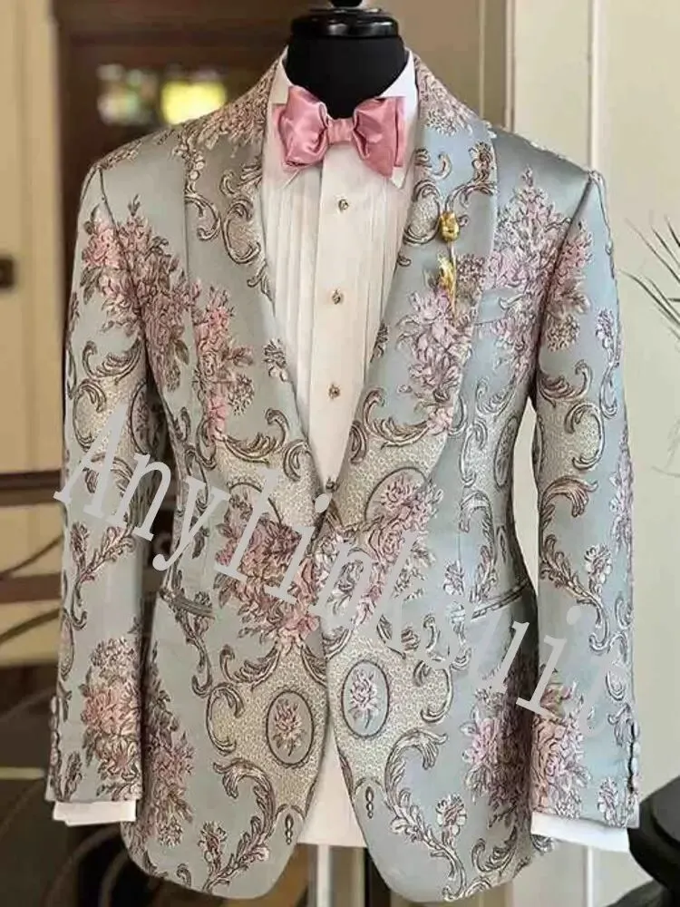 Настоящее фото Damask жених смокинговые шаль. Воротник мужчина Men Prom Business Suits Blazer платье настройка W1498