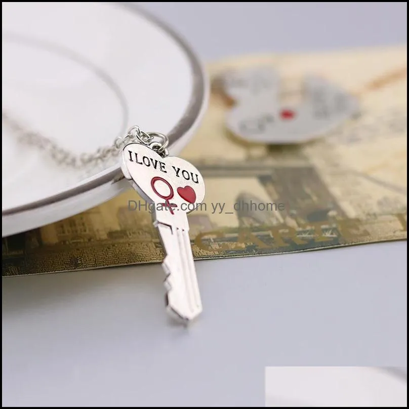 2pcs/set Necklace Charming Jewelry I Love You Letter Heart Key Pendant Necklaces Sweater Chains Fashion Gift