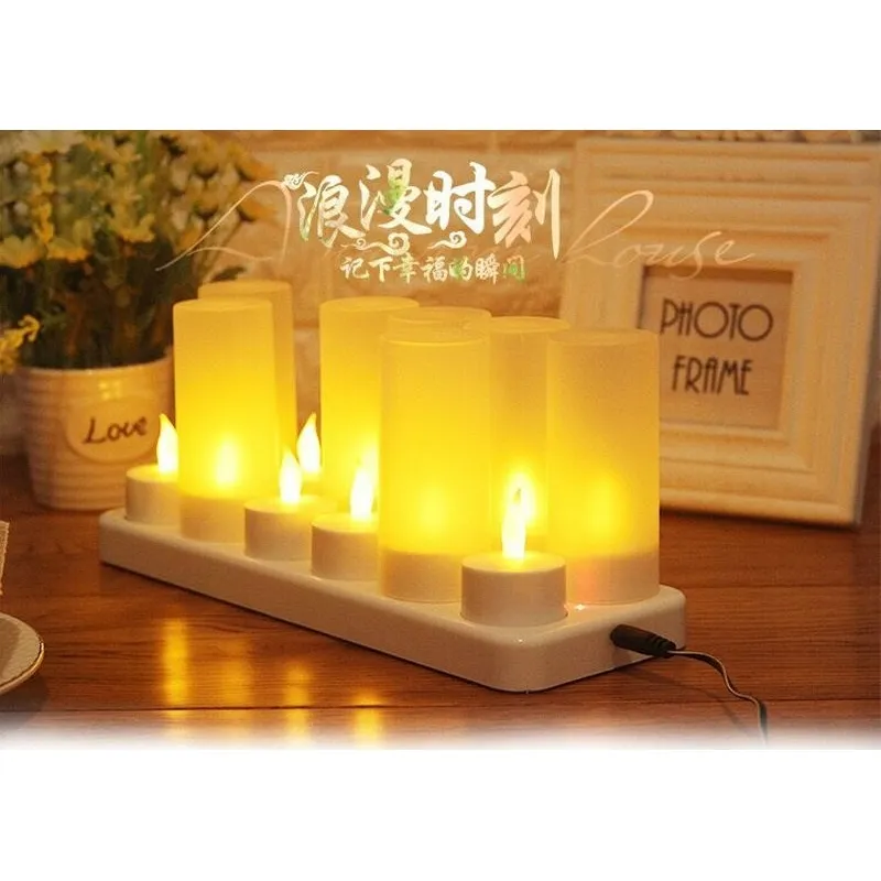 Uppsättning av 12 uppladdningsbara LED-ljus Flamelös te ljus elektrisk lampa vaxlös valentin hem bröllopskyrka bord diy dekor-amber