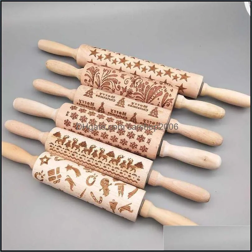 Christmas Embossed Rolling Pin Decorations For Home Kitchen Reindeer Snowflake Embossing Cookie Cake Dough Roller New Year RRE13760