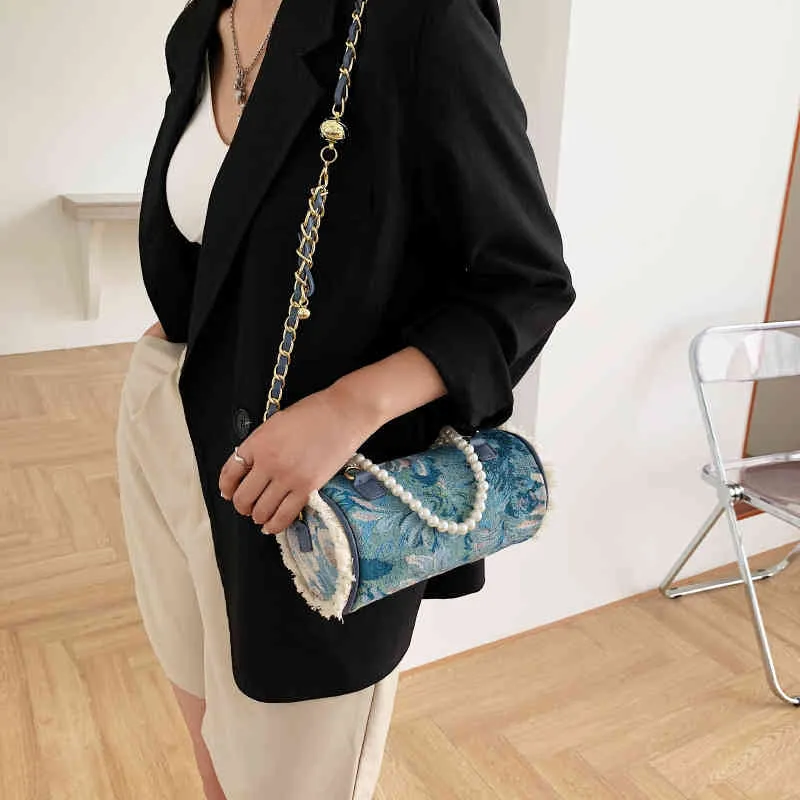 Women's Fashion Personality Trend Brand Bag Wholesale Ethnic Style Big Flower Cylinder Pearl String Handbag Leisure Chain Single Shoulder Msenger Small Round Tide