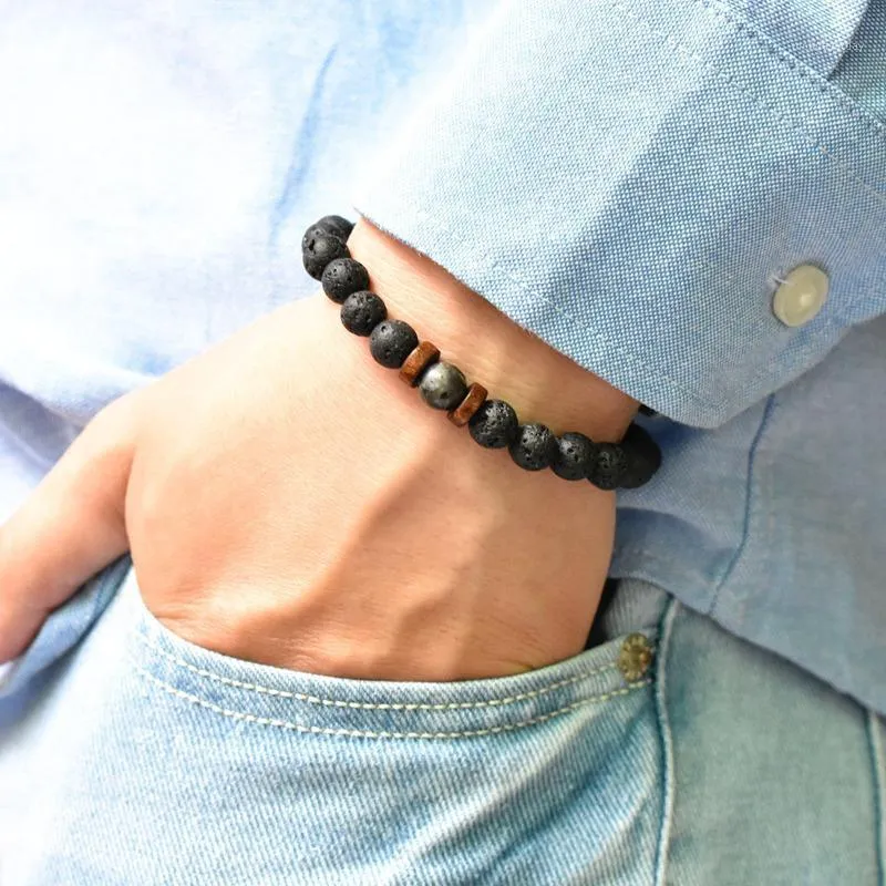 Charm Bracelets Natural Lava Rock Stone Beaded Strand Bracelet Men Unisex With Wooden Beads Oil Diffuser Accessorie Jewelry