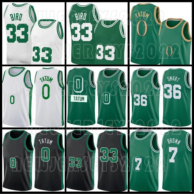 Camisas de basquete Larry 33 Bird Jayson 0 Tatum Jaylen 7 Brown Marcus 36 Smart Celtices 75º aniversário Bostons Men Mesh T-shirt Verde