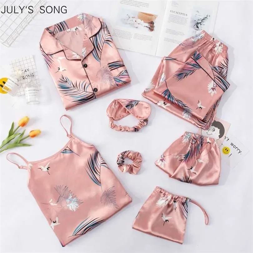 JULY'S SONG Mode Frauen Pyjamas Set 7 Stück Streifen Faux Seide Druck Nachtwäsche Frau Anzug Frühling Sommer Herbst Homewear 210713