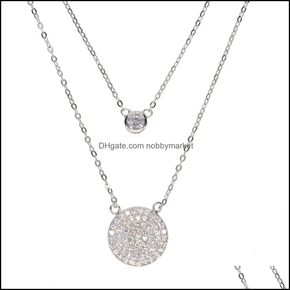 925 sterling silver factory top quality fine fashion big micro pave cz disco charm double layer elegant silver cz necklace