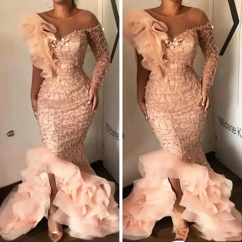 new arrival sexy sheer neck beading lace mermaid evening party gowns with see through long sleeve formal princess evening dresses for plus size womens