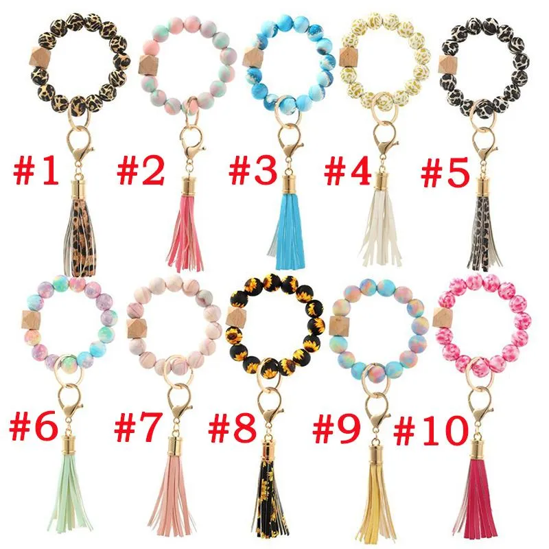 Party Silicone Bead Bracelet Keyring Suede Tassel Keychain Women Sunflower Printed Bangle Festival Gift Wooden Beaded Jewerly Crafts 10 Styles