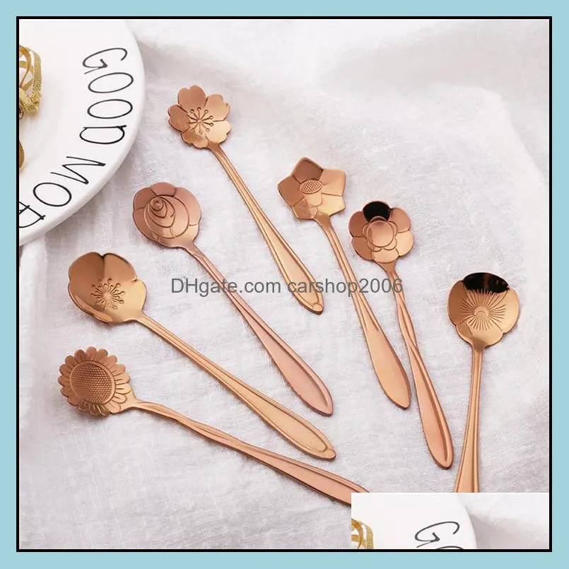 flower tea spoons coffee spoons 8 designs titanium gold copper plated stainless steel flower spoons cutlery